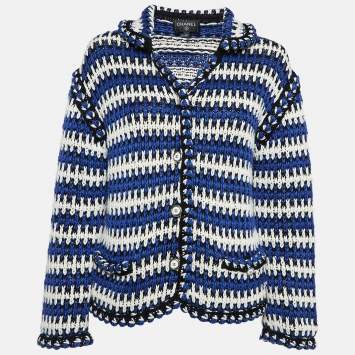 Pre Owned Chanel Blue Linen Rib Knit Button Front Jacket M
