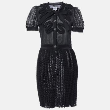 Chanel Black Patterned Knit Neck Tie Detailed Short Dress M