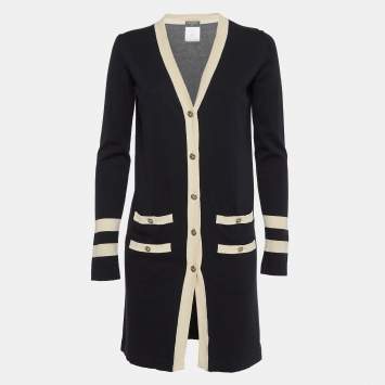 Pre Owned Chanel Black Knit Contrast Trim Long Cardigan S