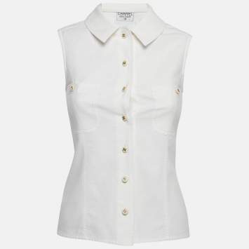 مملوكة مسبقًا Chanel Boutique White Textured Cotton Sleeveless Shirt XS