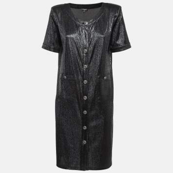 Pre Owned Chanel Black Metallic Lurex Knit Button Front Shift Dress M