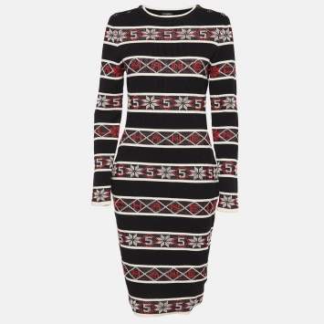 Chanel Black Stipe Pattern Rib Knit Bodycon Dress M 