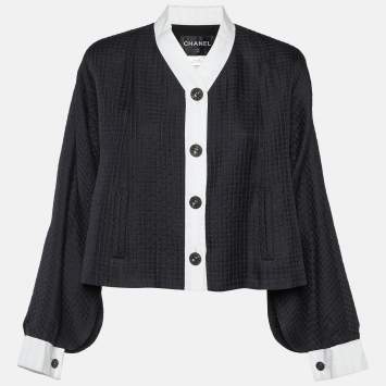 Chanel Navy Blue Silk & Cotton Button Front Jacket M