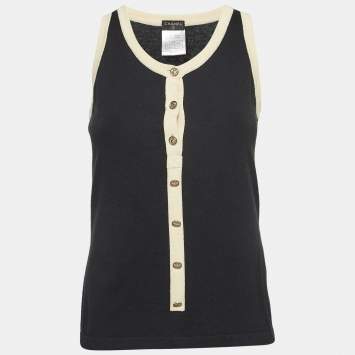 Chanel Black Cotton Knit Button Detail Tank Top S