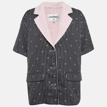Pre Owned Chanel Black/Pink CC Stripe Cotton Tweed Trim Jacket S