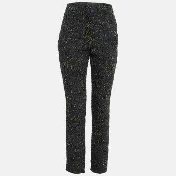 Pre Owned Chanel Black/Green Tweed Logo Badge Detail Trousers S