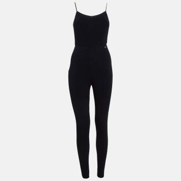 Pre Owned Chanel Black Stretch Crepe Shoulder Strap Jumpsuit S