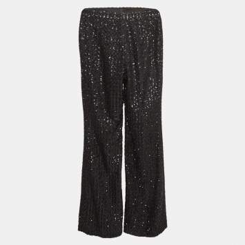 Pre Owned Chanel Black Sequin Silk Wide Leg Pants S