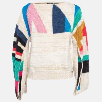 Pre Owned Chanel Multicolor Logo Intarsia Knit Cutout Sleeve Sweater S