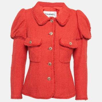 Pre Owned Chanel Red Tweed Button Detail Jacket M