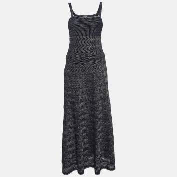 Pre Owned Chanel Navy Blue Patterned Knit Sleeveless Long Dress S