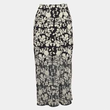 Pre Owned Chanel Black Floral Patterned Knit Midi Skirt S 