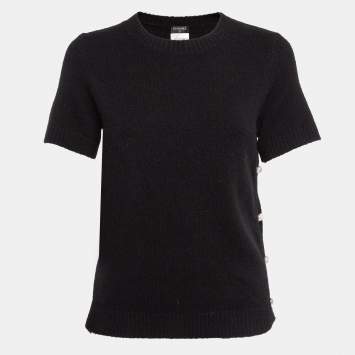 Pre Owned Chanel Black Cashmere Blend Pearl Button Detail Top M