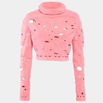 Pre Owned Chanel Pink Ripped Wool Blend Cara Delevingne Crop Sweatshirt M