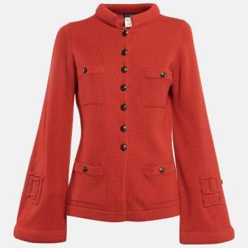 Pre Owned Chanel Red Cashmere Button Front Sleeve Detail Cardigan L