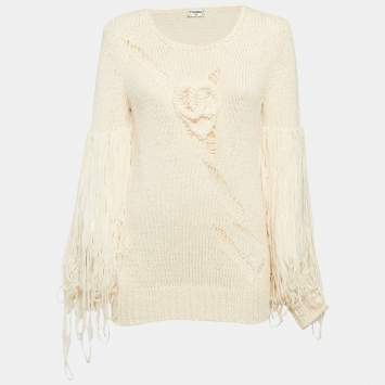 Pre Owned Chanel Cream Patterned Knit Pullover Sweater S