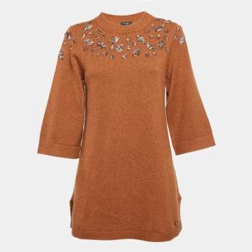 Chanel Brown Embellished Cashmere Knit Tunic Sweater M