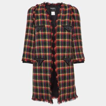 Chanel Vintage Multicolor Patterned Wool Blend Open Front Fringed Coat L