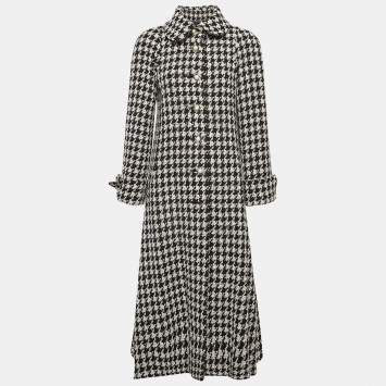 Pre Owned Chanel Black/White Lurex Houndstooth Mid-Length Coat M