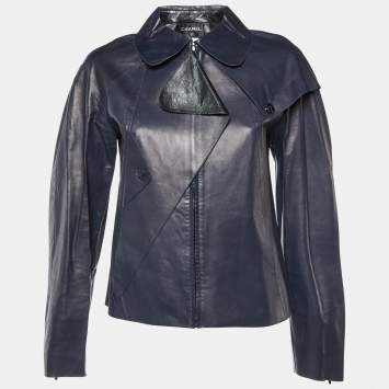 Chanel Navy Blue Leather Zip-Up Button Detail Jacket M