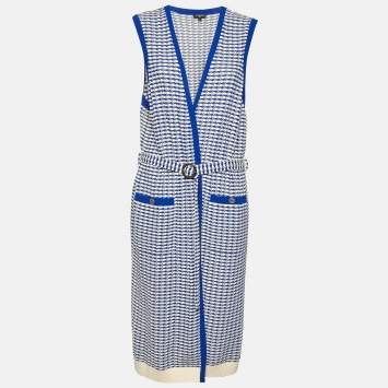 Pre Owned Chanel Blue/White Wavy Knit Sleeveless Belted Long Cardigan XL