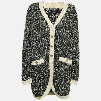 Pre Owned Chanel Black Lurex Knit Tweed Button Front Long Cardigan L