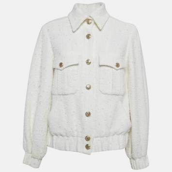مملوكة مسبقًا Chanel Ivory White Tweed Pocketed Button Front Jacket M