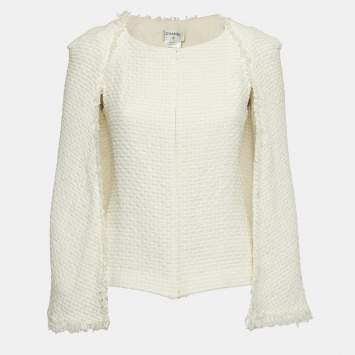 Pre Owned Chanel White Tweed Faux Cape Fringe Detail Jacket M