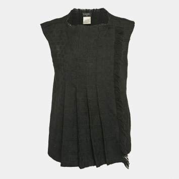 Pre Owned Chanel Black Wool Fringe Edge Brooch Detail Pleated Vest M