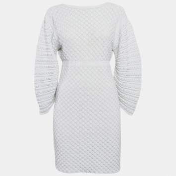 Pre Owned Chanel White Crochet Patterned Knit Mini Dress M