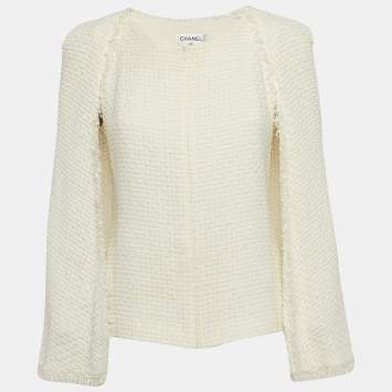Pre Owned Chanel Ivory White Tweed Cape Fringe Detail Jacket M