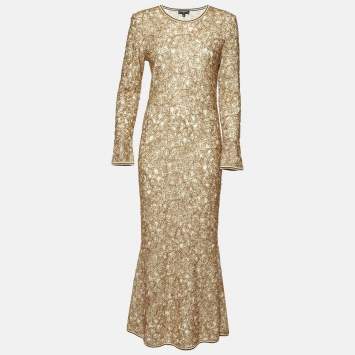 Pre Owned Chanel Gold Lurex Knit Full Sleeve Maxi Dress L
