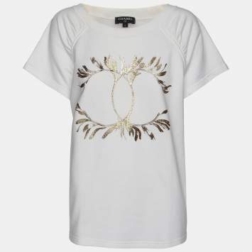 Pre Owned Chanel Cream Cotton CC Logo T-Shirt L