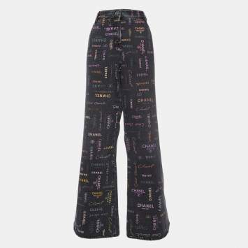 Pre Owned Chanel Black Logo Print Denim Wide-Leg Jeans XXL Waist 38"