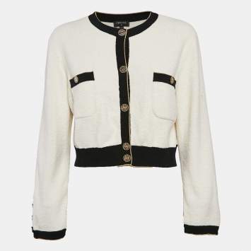 Pre Owned Chanel White Terry Cotton Contrast Trim Cardigan M