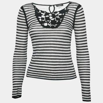 Chanel Black Stripe Knit Neck Lace Trimmed Top S