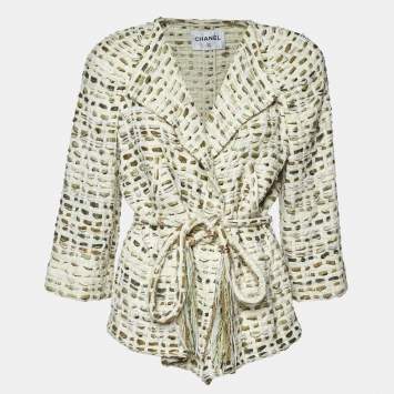 Chanel Cream Tweed Belted Jacket L