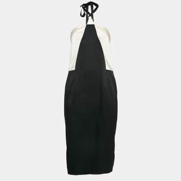 Pre Owned Chanel Black/Cream Satin Knee-Length Tube Dress M