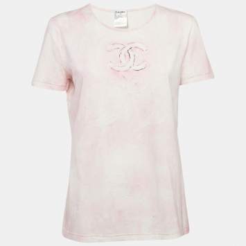 Pre Owned Chanel Pink CC Logo Print Jersey Tie-Dye T-Shirt L