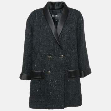 Pre Owned Chanel Black Double Breasted Tweed Oversized Blazer L