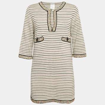 Pre Owned Chanel Beige Striped Knit Beads Embellished Mini Dress M