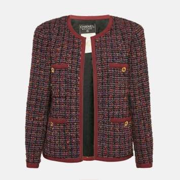 Pre Owned Chanel Vintage Burgundy Tweed Open Front Jacket L