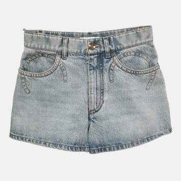 Pre Owned Chanel Navy Blue Light Blue Coco Embroidered Denim Shorts S