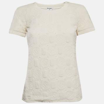 Pre Owned Chanel Ivory Camellia Quilted Silk Top S