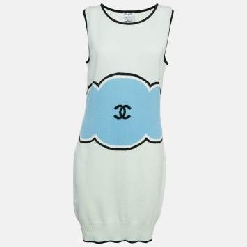Pre Owned Chanel Blue/Green Logo Intarsia Cashmere Knit Sleeveless Dress L