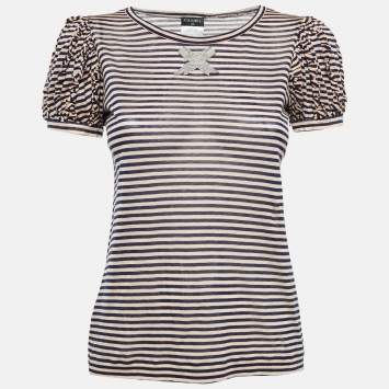 Pre Owned Chanel Blue/Pink Striped Jersey CC Bow Detail T-Shirt S