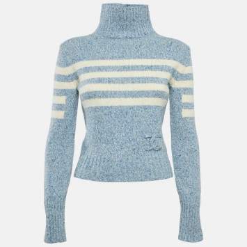 Pre Owned Chanel Blue Patterned Wool High Neck Sweater S
