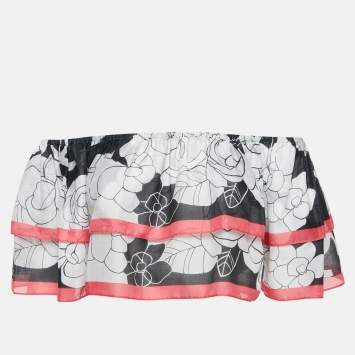 Pre Owned Chanel White/Pink Floral Print Cotton Gathered Neck Top S