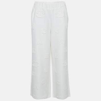 Pre Owned Chanel White Cotton Knit Logo Applique Detail Sweatpants M