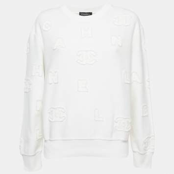 Pre Owned Chanel White Cotton Knit Logo Applique Detail Sweatshirt M